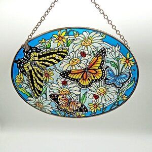 Amia Oval Butterfly Lady Bug Floral Stained Glass Suncatcher